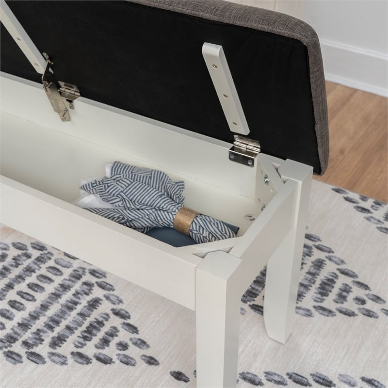 Linon Jane Storage Bench with Rustic Taupe Padded Top in Vanilla White Wood