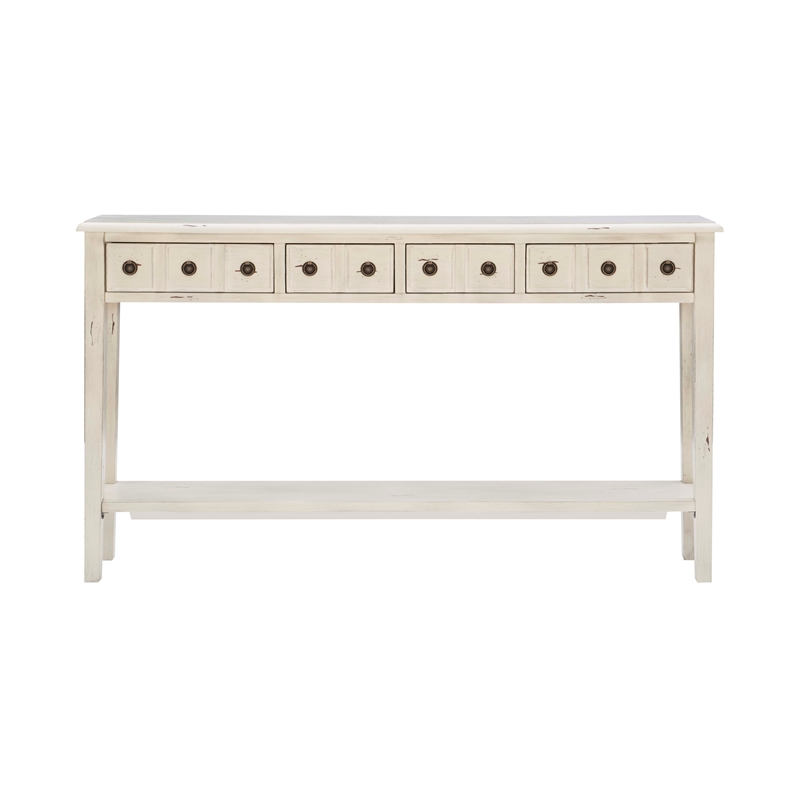Linon Sadie Long Console Table with 4 Drawers and Shelf in Distressed Cream Wood