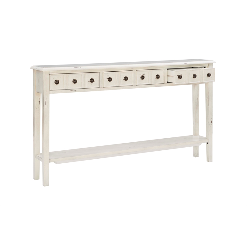 Linon Sadie Long Console Table with 4 Drawers and Shelf in Distressed Cream Wood