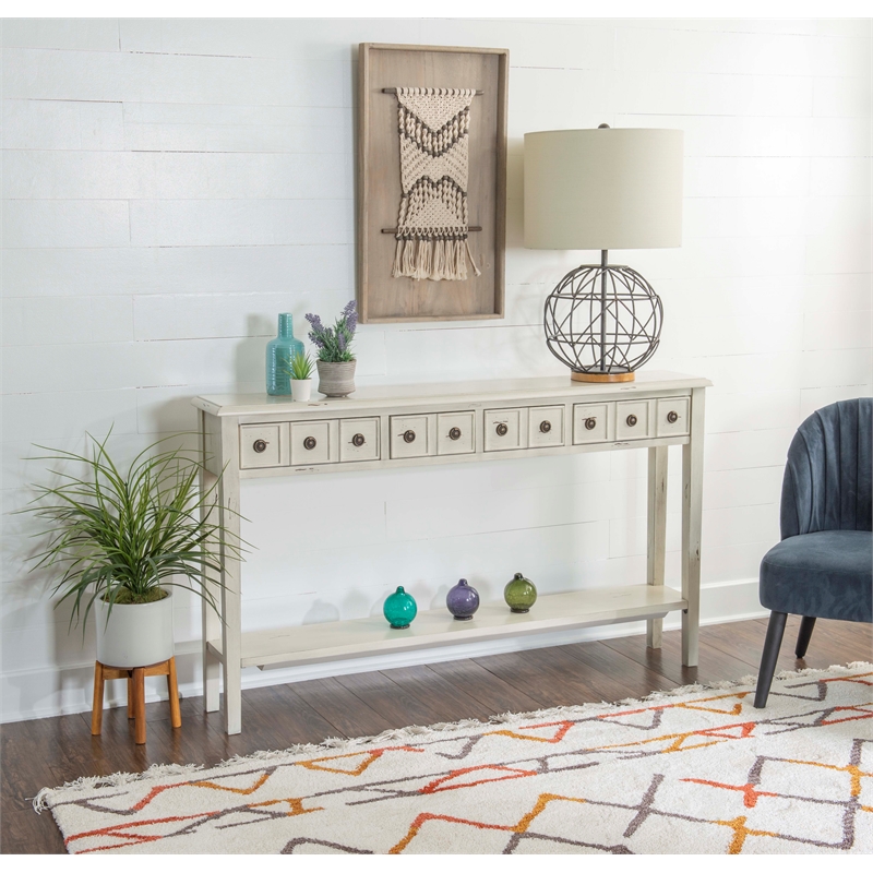 Linon Sadie Long Console Table with 4 Drawers and Shelf in Distressed Cream Wood