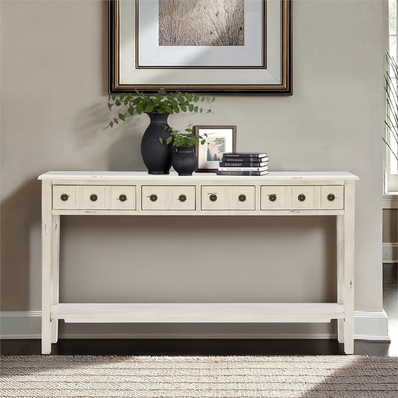 Linon Sadie Long Console Table with 4 Drawers and Shelf in Distressed Cream Wood