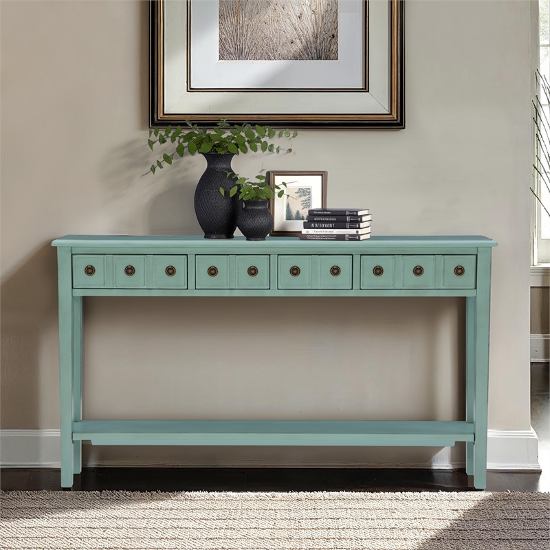 Linon Sadie Long Console Table with 4 Drawers and Shelf in Distressed Teal Wood