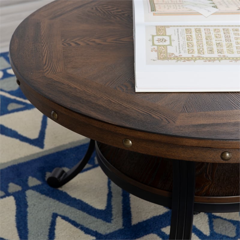 Linon Franklin Coffee Table Steel Legs Wood Top and Shelf in Rustic Umber Brown