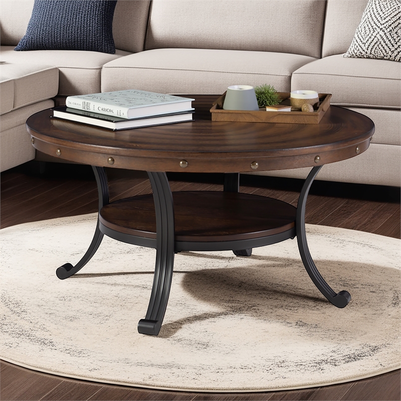 Linon Franklin Coffee Table Steel Legs Wood Top and Shelf in Rustic Umber Brown