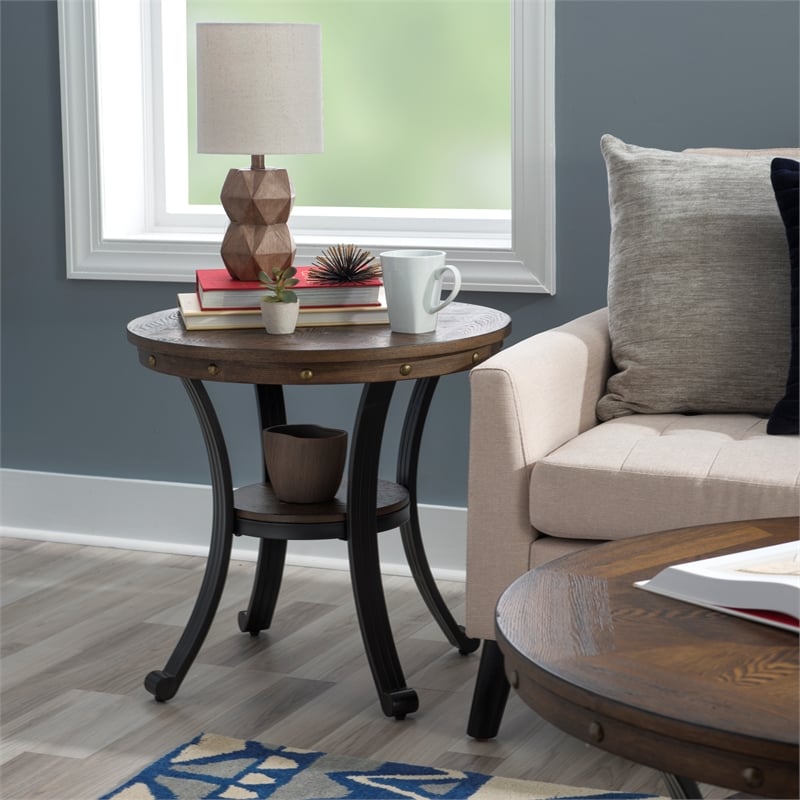 Linon Franklin End Table Steel Legs Wood Top and Shelf in Rustic Umber Brown