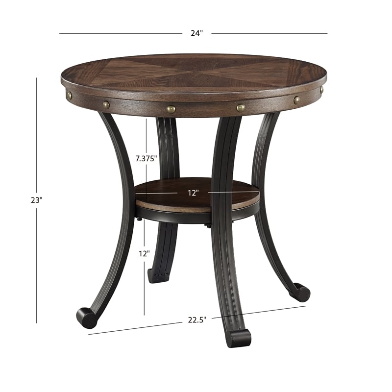 Linon Franklin End Table Steel Legs Wood Top and Shelf in Rustic Umber Brown