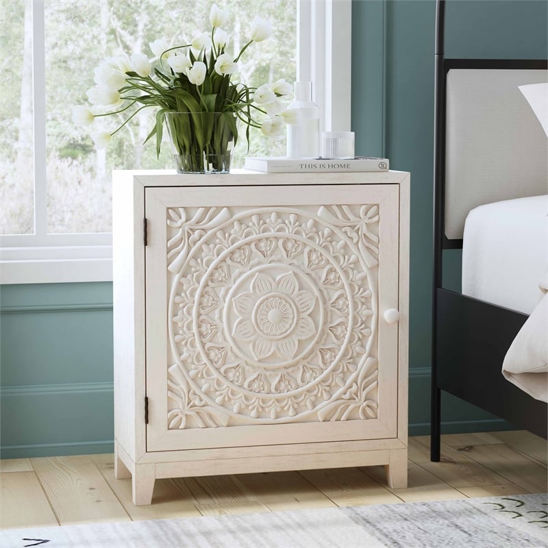 Linon Grace Storage Accent Cabinet in Smokey Off White Distressed Wood