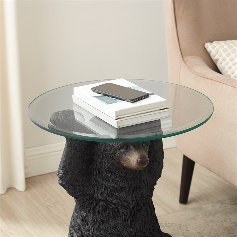 Linon Barney Bear Resin Accent Table Glass Top with Beveled Edge in Dark Brown