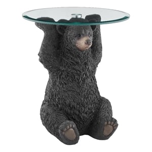 Linon Barney Bear Resin Accent Table Glass Top with Beveled Edge in Dark Brown