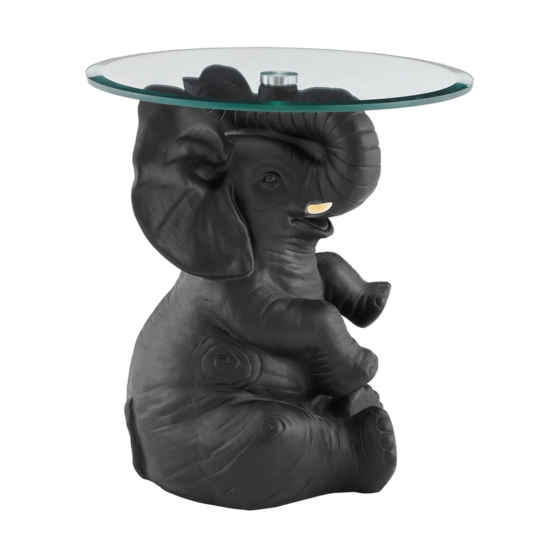 Linon Ernie Elephant Glass Top Accent Table in Dark Gray Resin