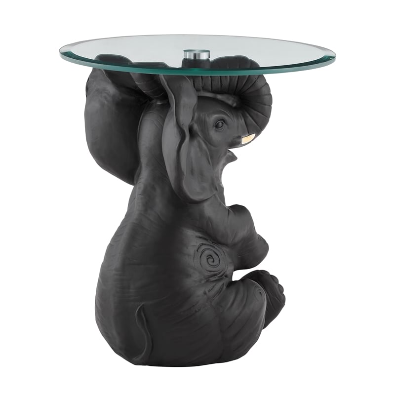 Linon Ernie Elephant Glass Top Accent Table in Dark Gray Resin