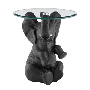 linon ernie elephant glass top accent table in dark gray resin