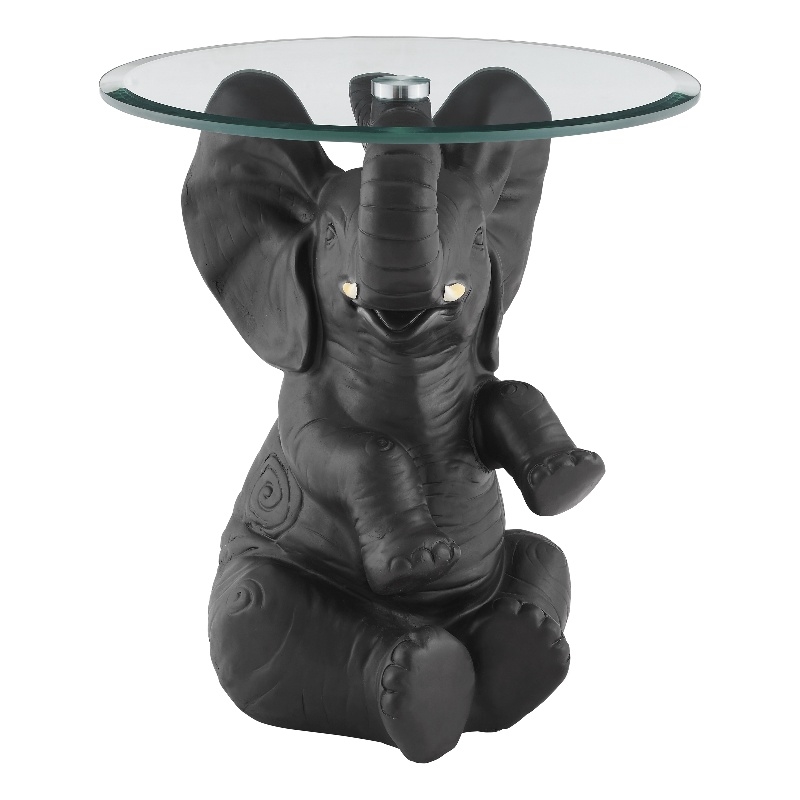 Linon Ernie Elephant Glass Top Accent Table in Dark Gray Resin