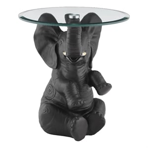 Linon Ernie Elephant Glass Top Accent Table in Dark Gray Resin
