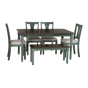 Linon Willow Wood Six Piece Upholstered Dining Set with Bench in Teal Blue