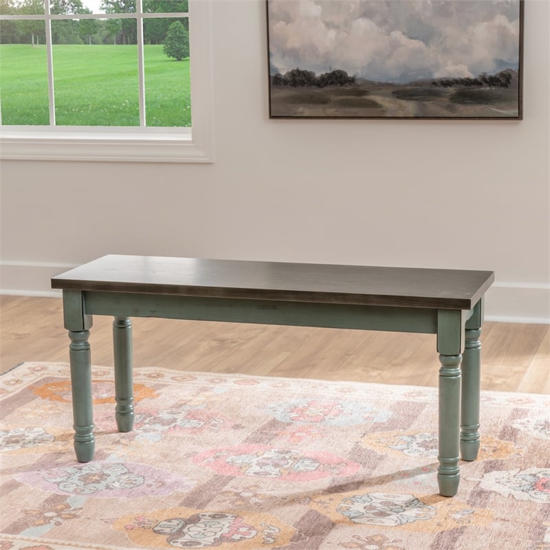 Linon Willow Wood 2 Tone Dining Bench in Distressed Teal Blue