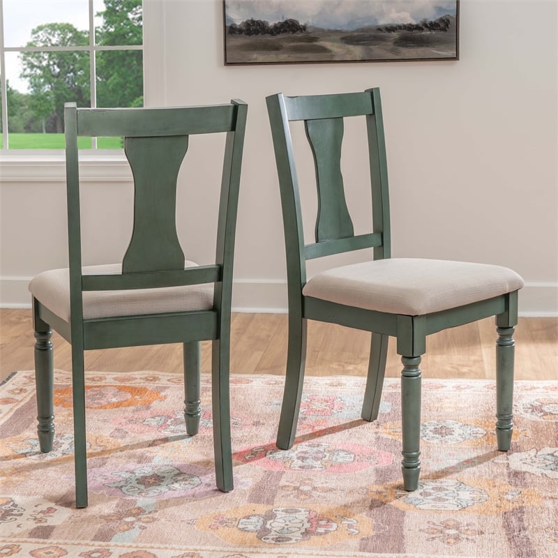 Linon Willow Wood Set of Two Upholstered Dining Side Chairs in Teal Blue