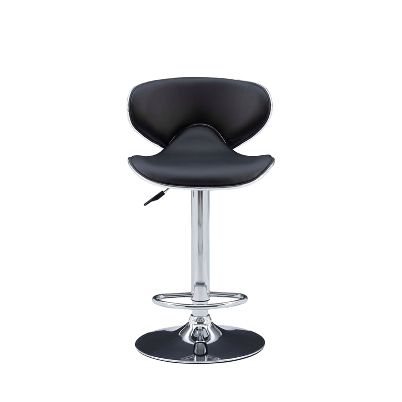 Linon Chrome Faux Leather Round Back Swivel Adjustable Gaslift Barstool in Black