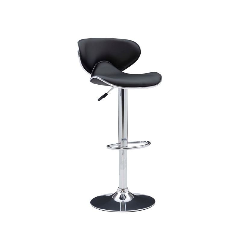 Linon Chrome Faux Leather Round Back Swivel Adjustable Gaslift Barstool in Black