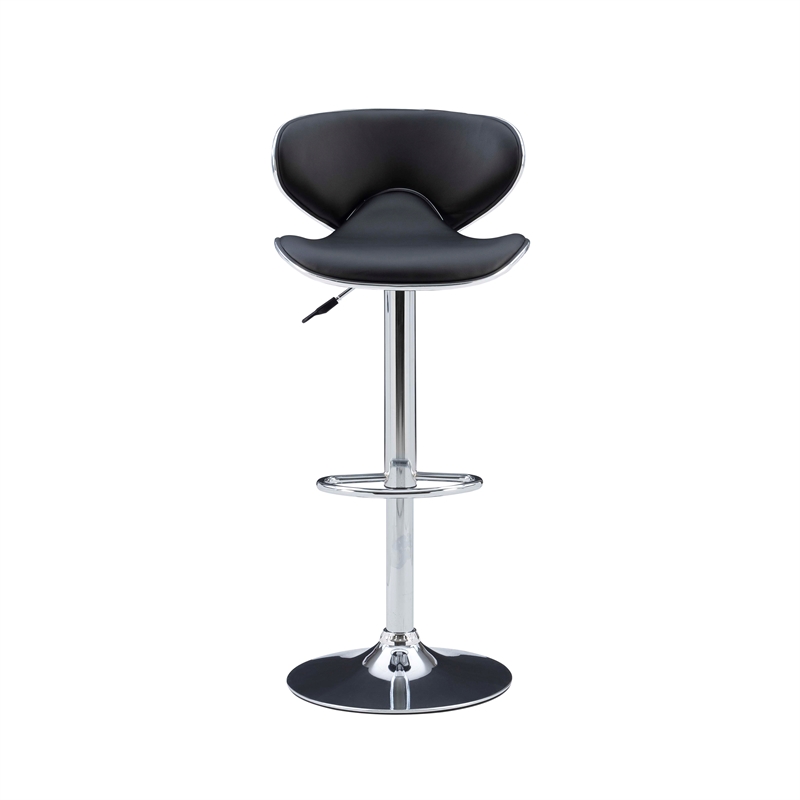 Linon Chrome Faux Leather Round Back Swivel Adjustable Gaslift Barstool in Black