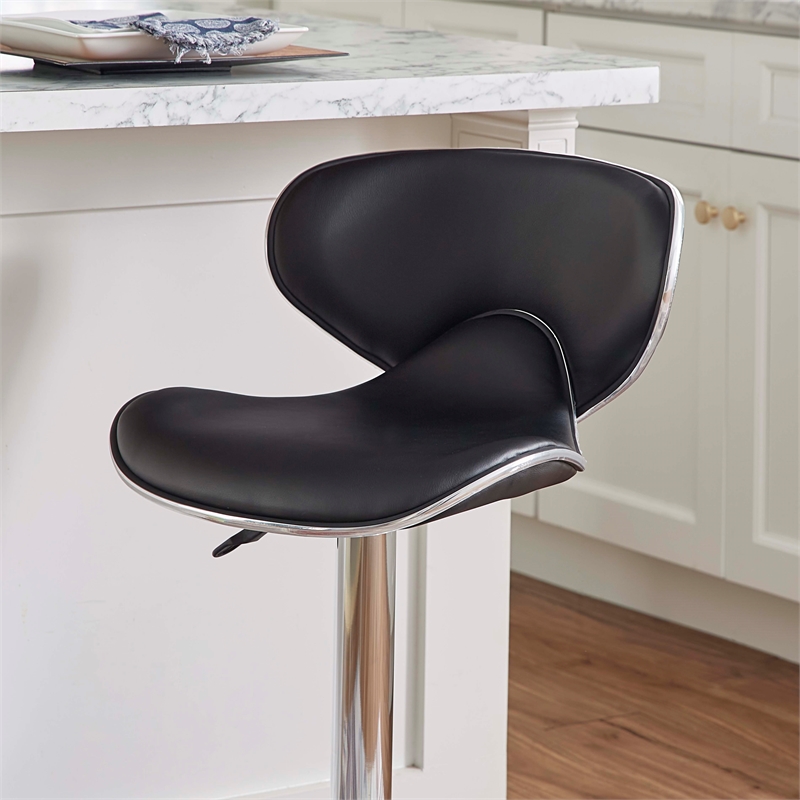 Linon Chrome Faux Leather Round Back Swivel Adjustable Gaslift Barstool in Black