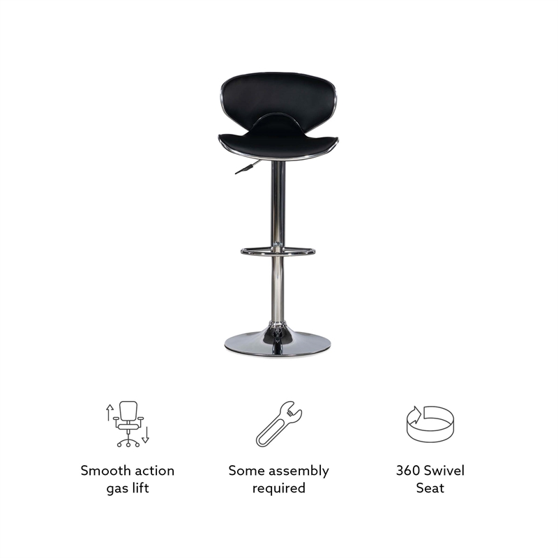 Linon Chrome Faux Leather Round Back Swivel Adjustable Gaslift Barstool in Black