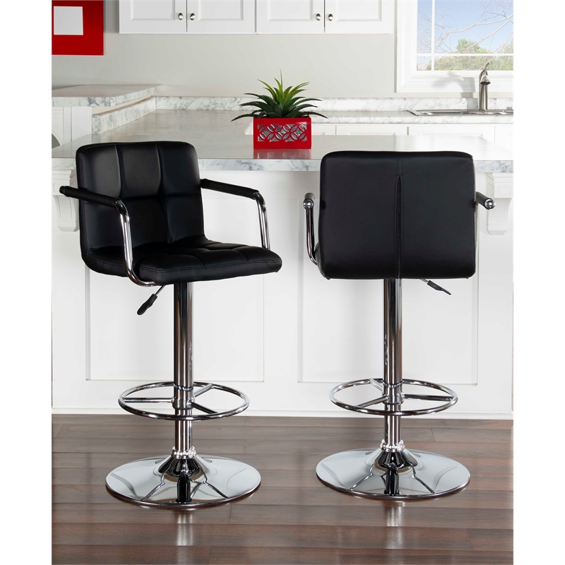 Linon Chrome Quilted Faux Leather Gas Lift Swivel Bar Stool with Arms in Black