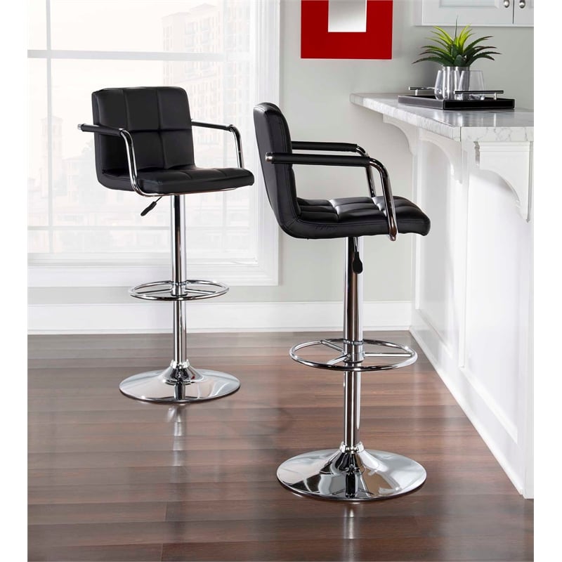 Linon Chrome Quilted Faux Leather Gas Lift Swivel Bar Stool with Arms in Black