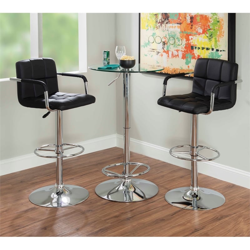 Linon Chrome Quilted Faux Leather Gas Lift Swivel Bar Stool with Arms in Black