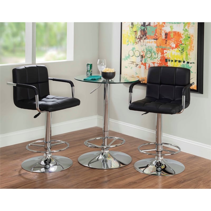 Linon Chrome Quilted Faux Leather Gas Lift Swivel Bar Stool with Arms in Black