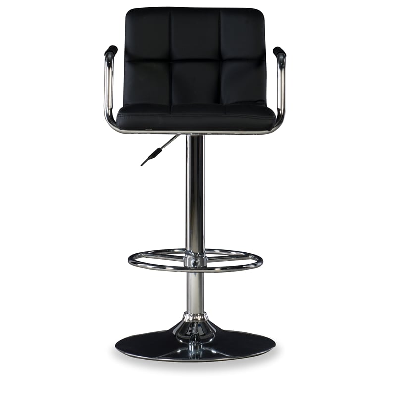 Linon Chrome Quilted Faux Leather Gas Lift Swivel Bar Stool with Arms in Black