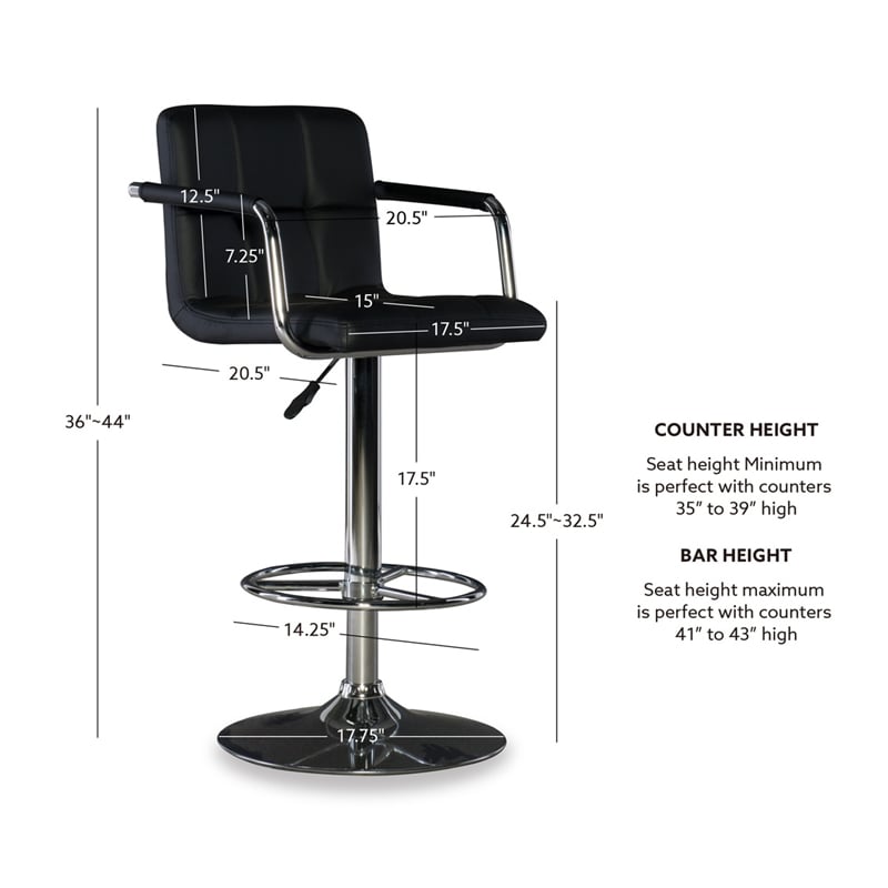Linon Chrome Quilted Faux Leather Gas Lift Swivel Bar Stool with Arms in Black