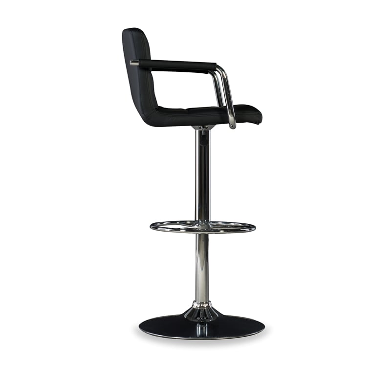 Linon Chrome Quilted Faux Leather Gas Lift Swivel Bar Stool with Arms in Black