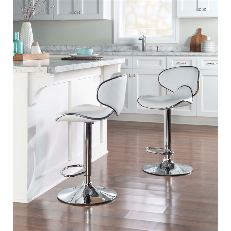 Linon Adjustable Faux Leather & Metal Swivel Barstool in White/Chrome