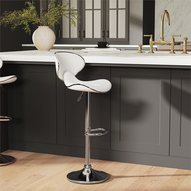 Linon Adjustable Faux Leather & Metal Swivel Barstool in White/Chrome