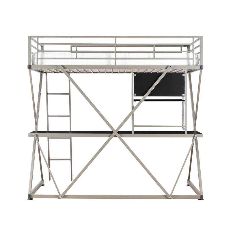 Linon Henley Student Loft Metal Twin Bed Lower Desk Unit in Pewter Finish