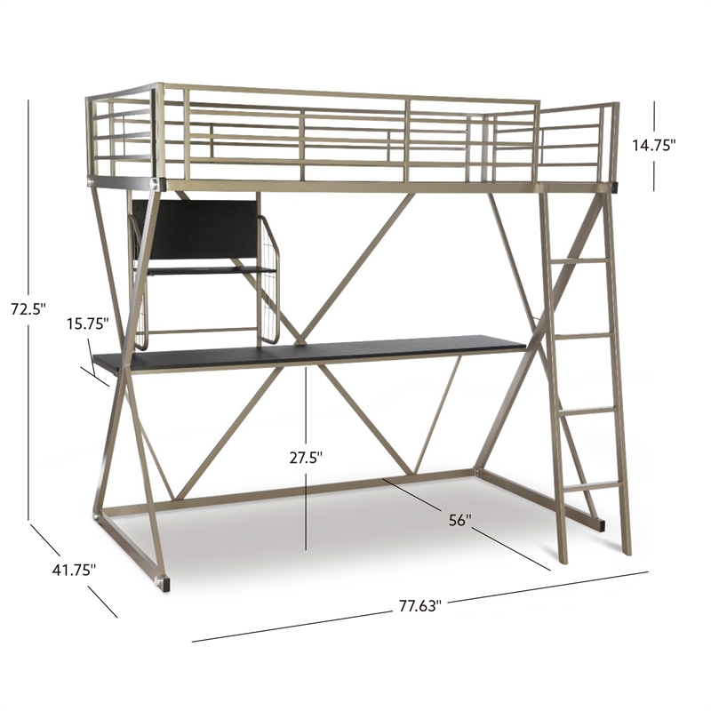 Linon Henley Student Loft Metal Twin Bed Lower Desk Unit in Pewter Finish