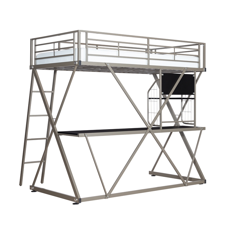 Linon Henley Student Loft Metal Twin Bed Lower Desk Unit in Pewter Finish