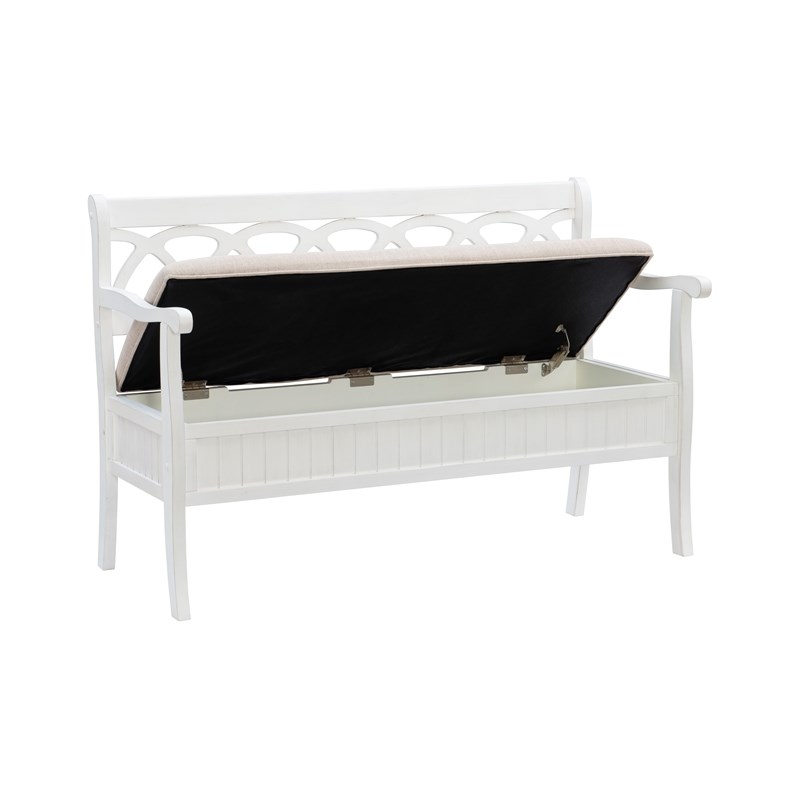Linon Elliana Storage Bench Beige Padded Seat Cutout Back Design in White Wood