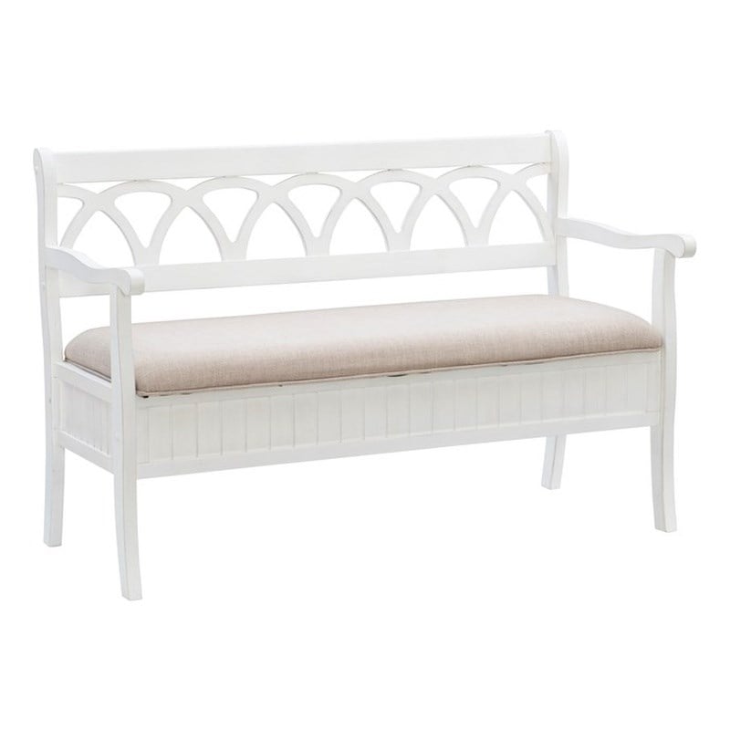 Linon Elliana Storage Bench Beige Padded Seat Cutout Back Design in White Wood