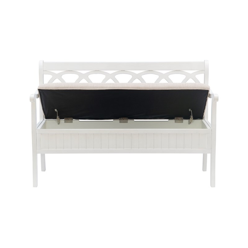 Linon Elliana Storage Bench Beige Padded Seat Cutout Back Design in White Wood