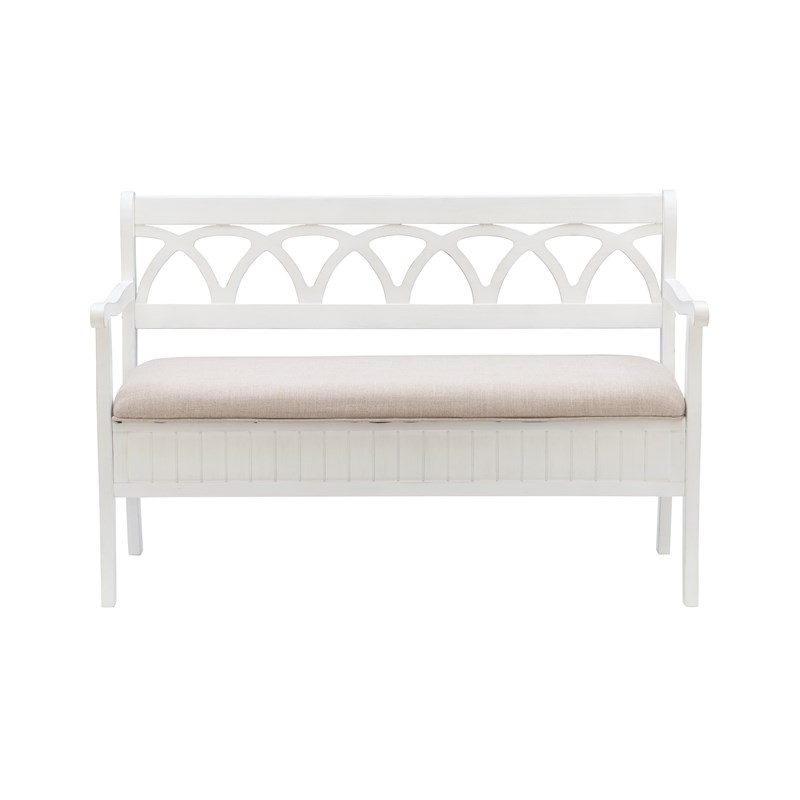 Linon Elliana Storage Bench Beige Padded Seat Cutout Back Design in White Wood