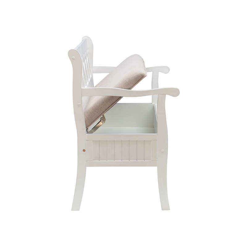 Linon Elliana Storage Bench Beige Padded Seat Cutout Back Design in White Wood