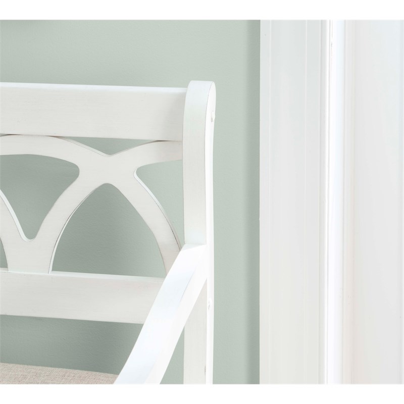 Linon Elliana Storage Bench Beige Padded Seat Cutout Back Design in White Wood