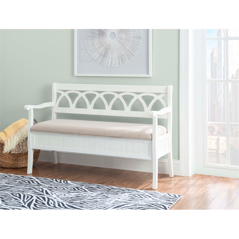 Linon Elliana Storage Bench Beige Padded Seat Cutout Back Design in White Wood