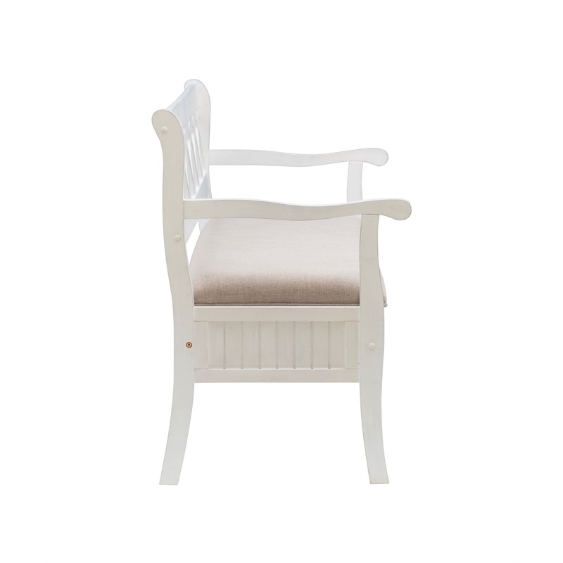 Linon Elliana Storage Bench Beige Padded Seat Cutout Back Design in White Wood