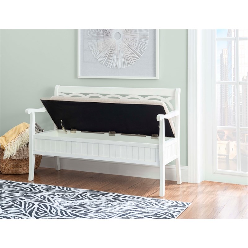 Linon Elliana Storage Bench Beige Padded Seat Cutout Back Design in White Wood