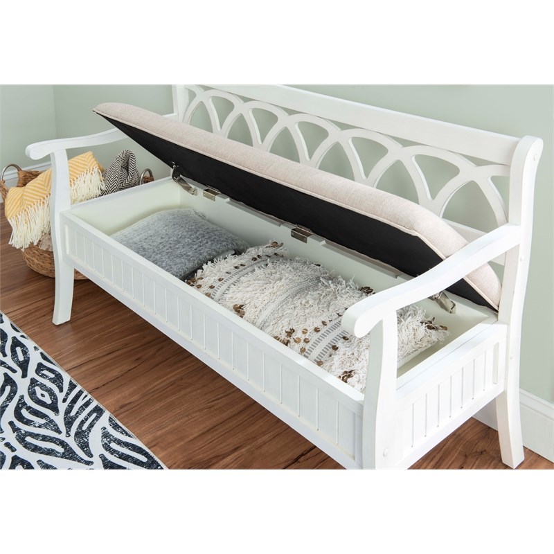 Linon Elliana Storage Bench Beige Padded Seat Cutout Back Design in White Wood