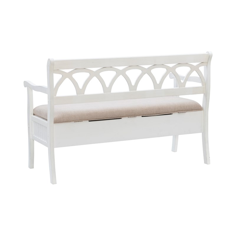 Linon Elliana Storage Bench Beige Padded Seat Cutout Back Design in White Wood