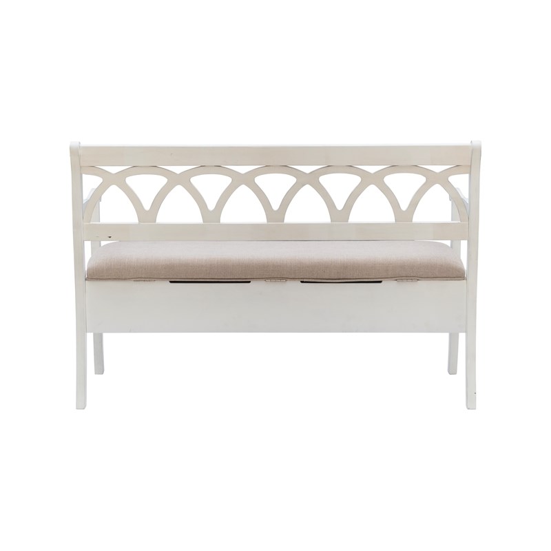 Linon Elliana Storage Bench Beige Padded Seat Cutout Back Design in White Wood